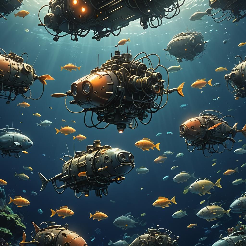 Bioluminescent Fish Drones in Dark Ocean Depths