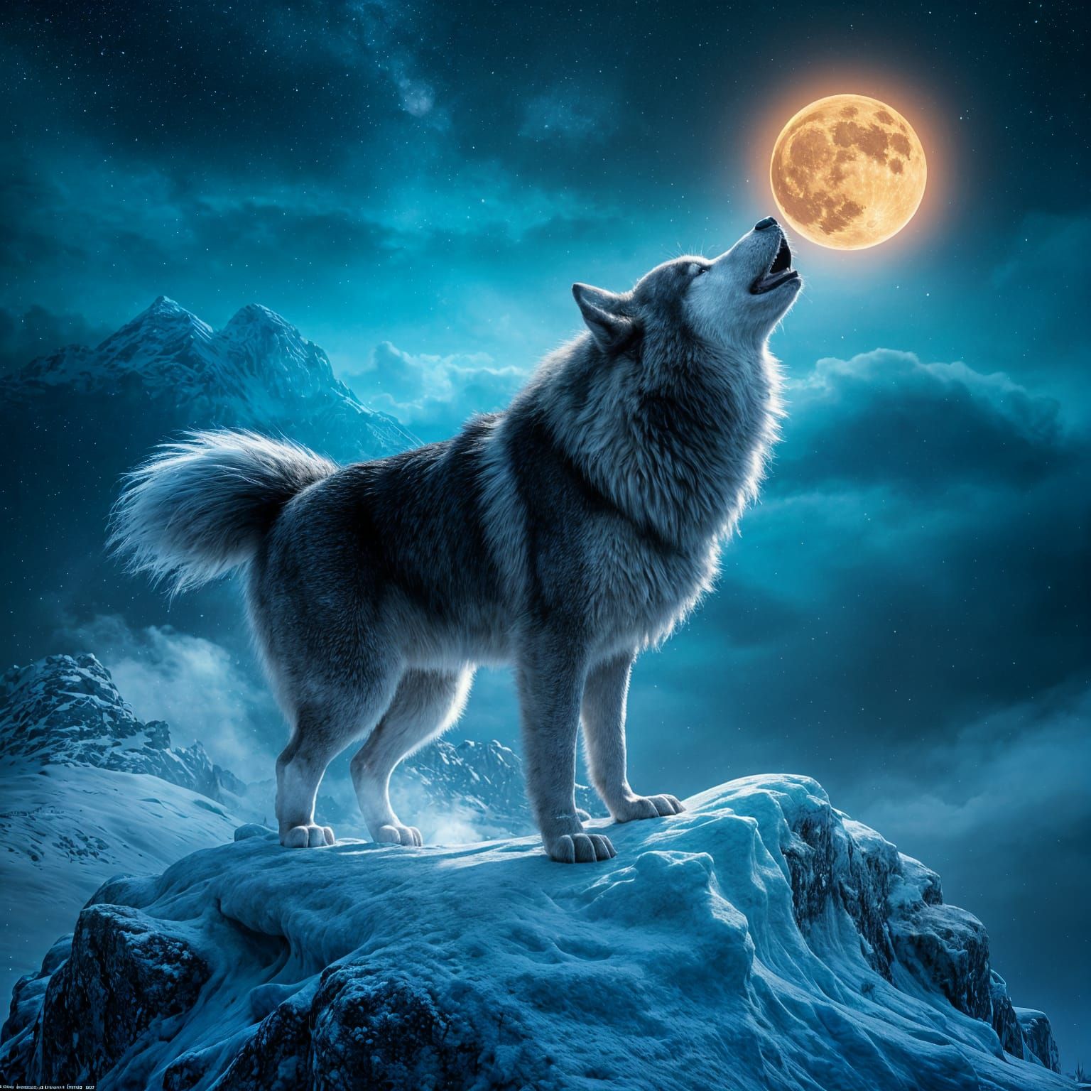 Giant Alaskan malamute standing in the snow, howling at the moon