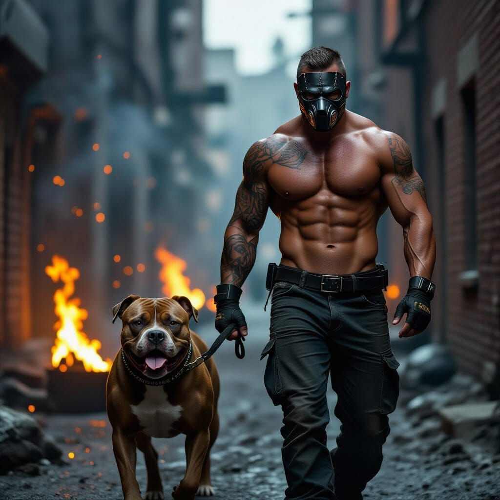 Muscular Man Samson Walking Pit Bull Amidst Fire