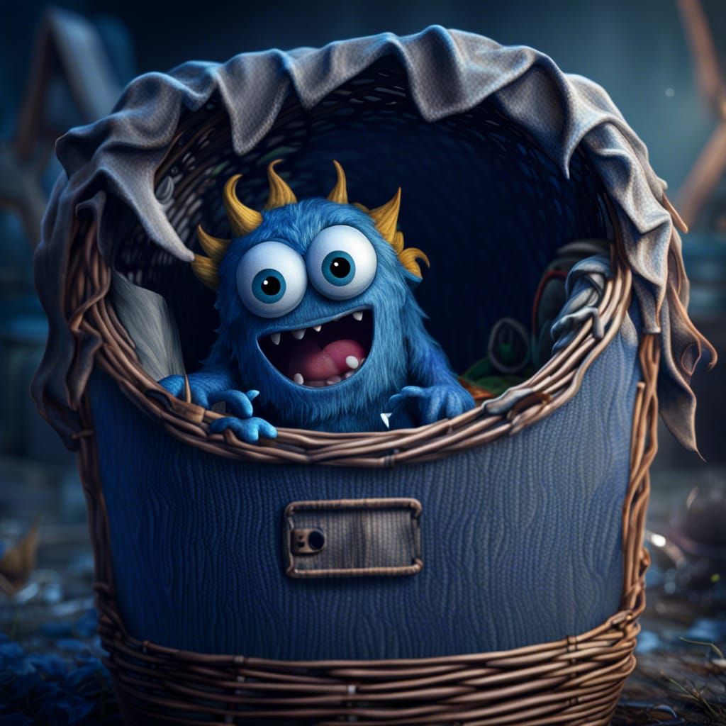Cute Monster Emerges from Laundry Basket