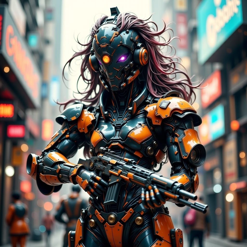 Cyberpunk Warrior Fights Aliens on Sci-Fi Battlefield