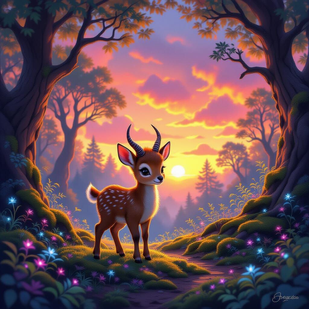 Enchanted Forest Clearing with Adorable Faun at Sunset