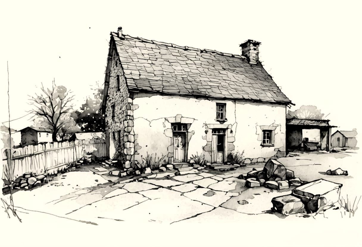 Nostalgic Country House Drawing in Black and White