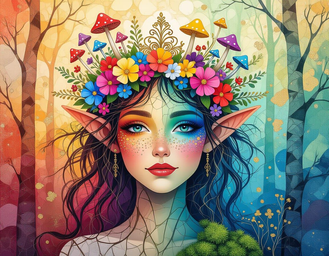 Whimsical Forest Lutin in Crackled Abstract Style