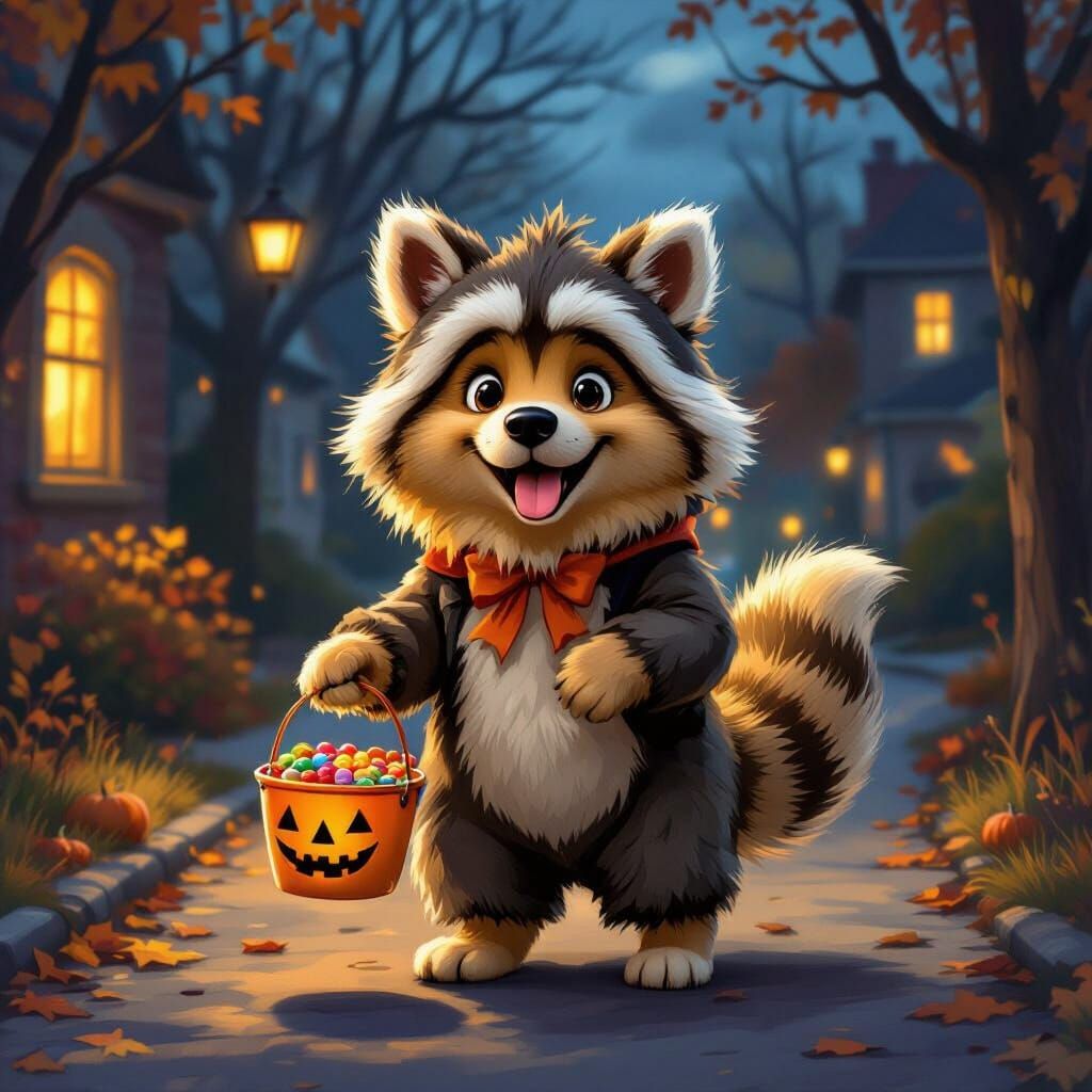 Golden Retriever Dog in Raccoon Costume Trick-or-Treating