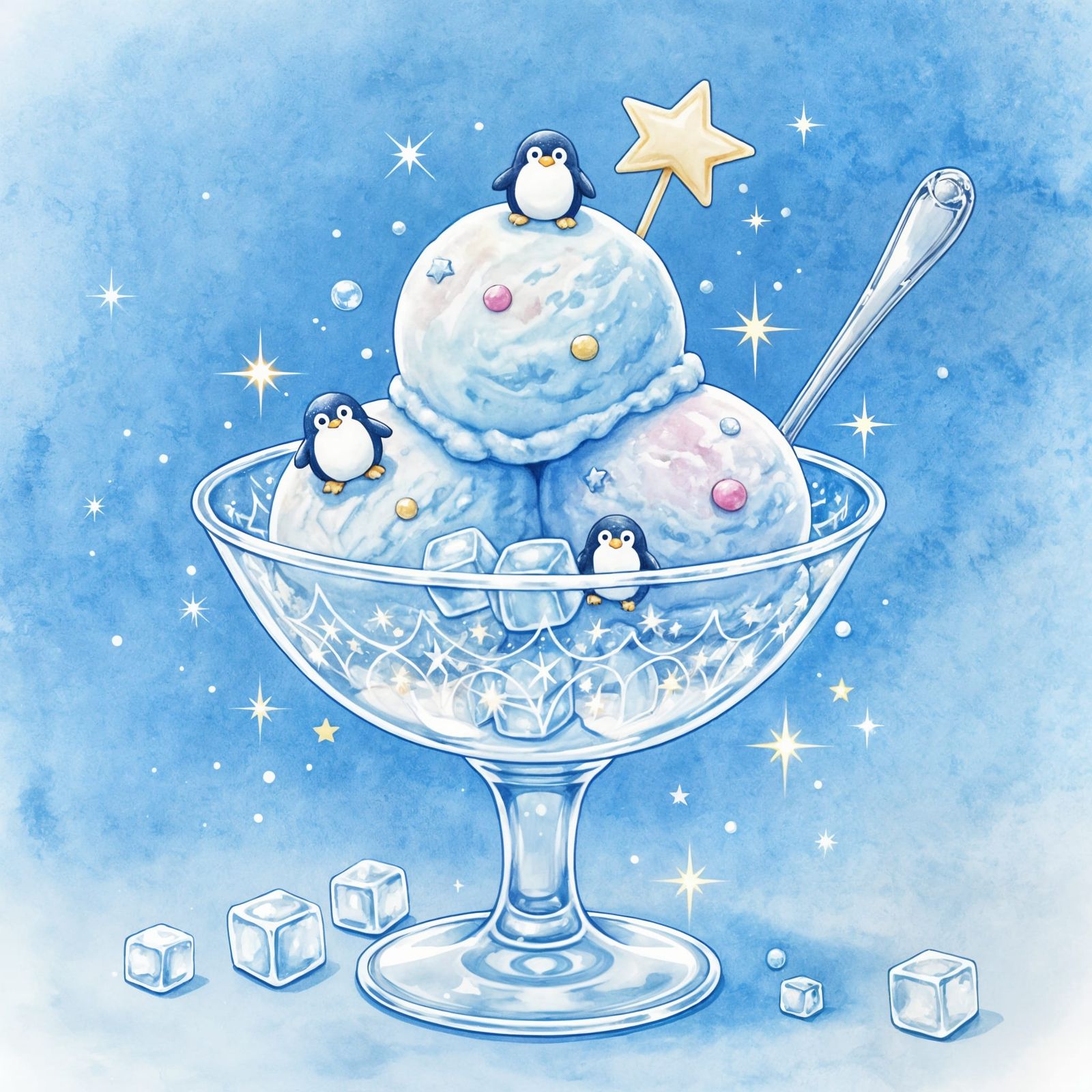 Penguin Ice Cream in Sparkly Bowl, Watercolor Fantasy Art