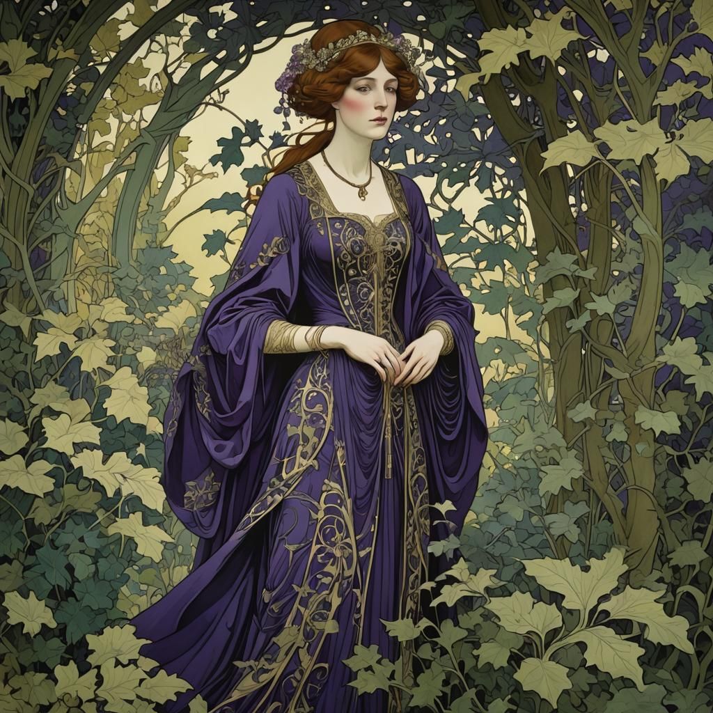 Art Nouveau Woman in Lush Foliage