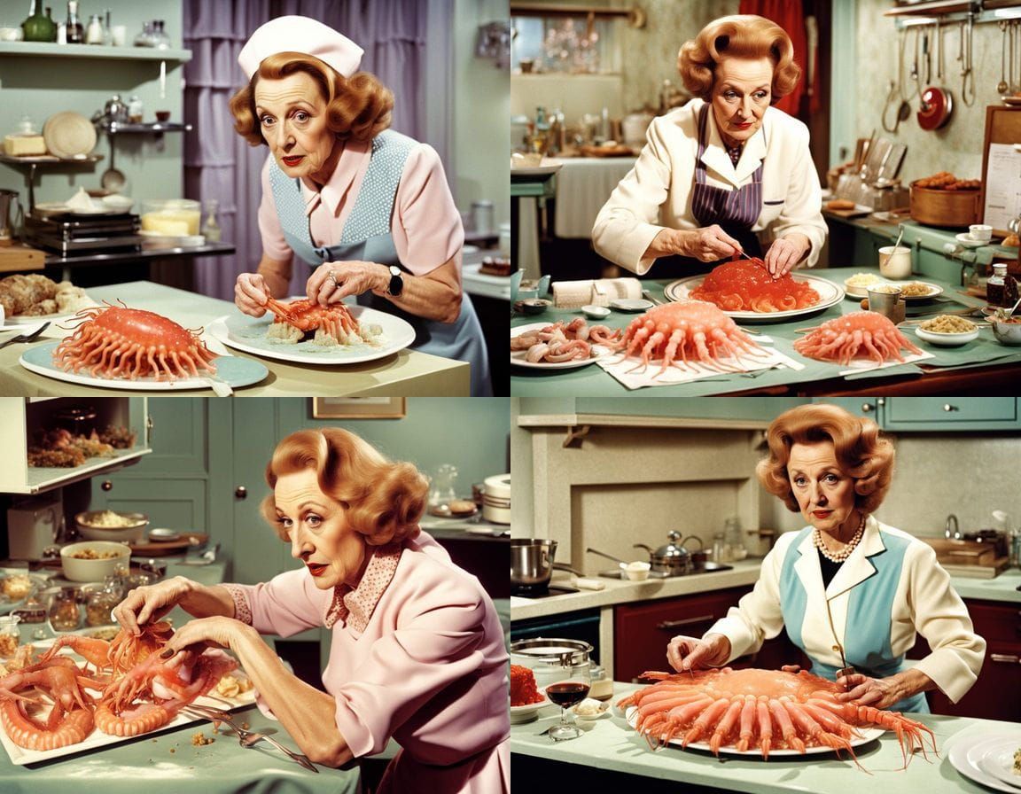 Fanny Cradock Uncovering a Jellyfish Prawn Beheading Horror....