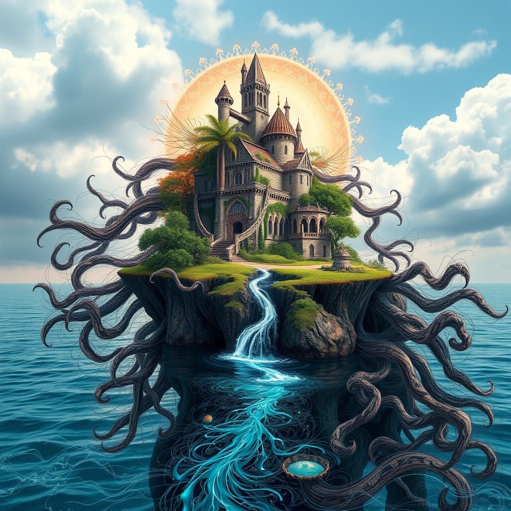 Gothic Water Goddess with Fractal Island in Double Exposure