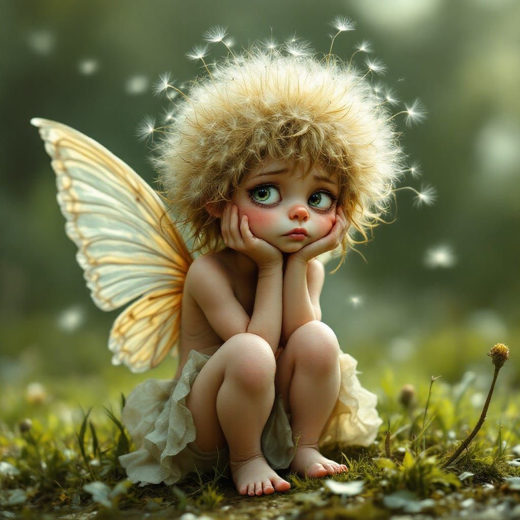 Vibrant Whimsical Fairy Sits on Wet Grass in a Caricature St...