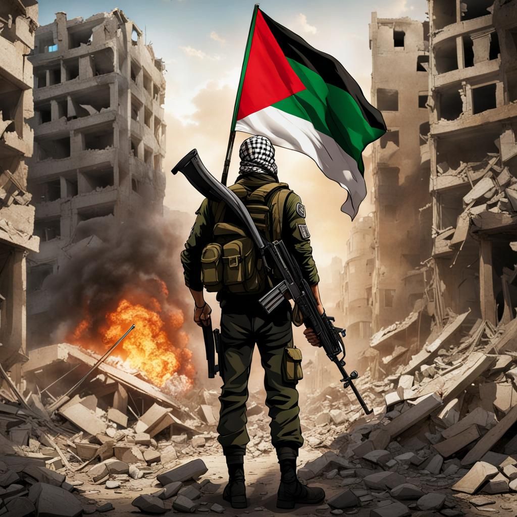 Anime Palestinian Resistance Fighter in Destroyed City