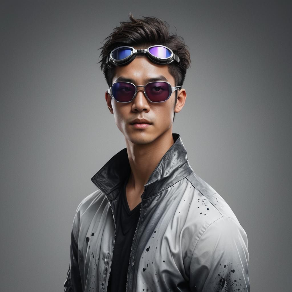 Handsome Asian Man with Ombre Hair, Hyperrealistic Portrait