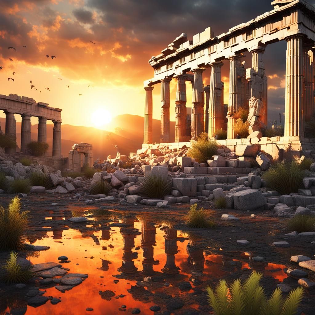 Ruined Acropolis at Fiery Sunset: Photorealistic Art