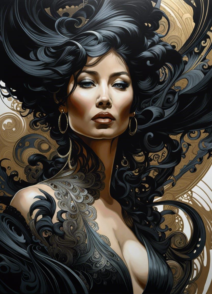 Beautiful Woman with Black Ink Flow in Gouache