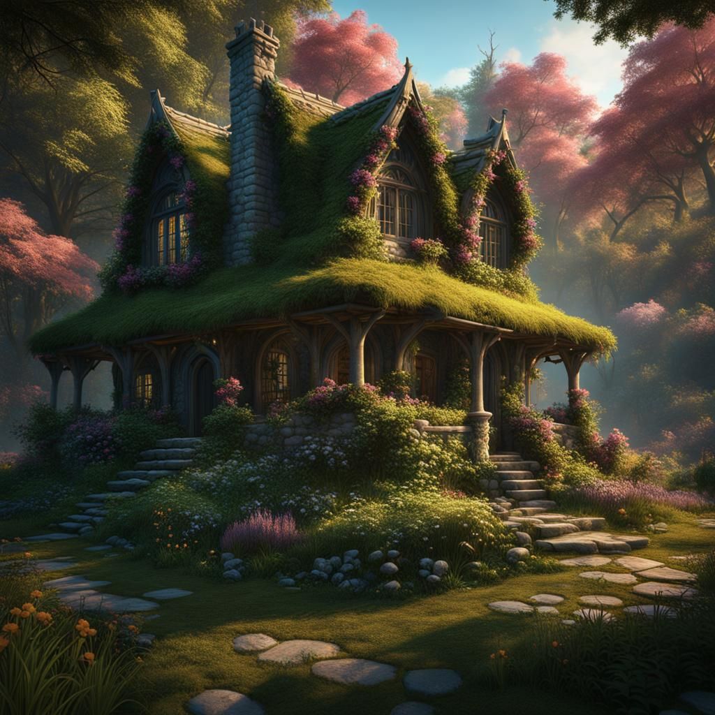 Cottage Surrounded by Forest Nymphs: Detailed Matte Painting
