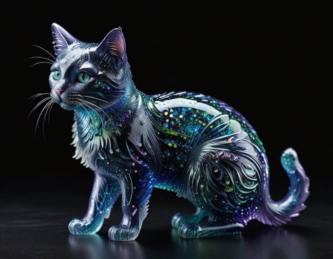 Glass Cat Sculpture: Iridescent Hues Reflecting Light