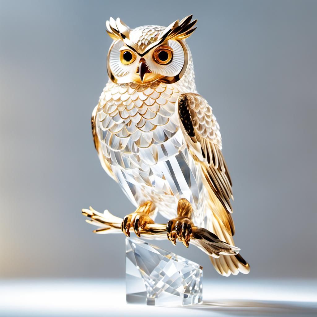 Gilded Crystal Owl Perched in Heavenly Light