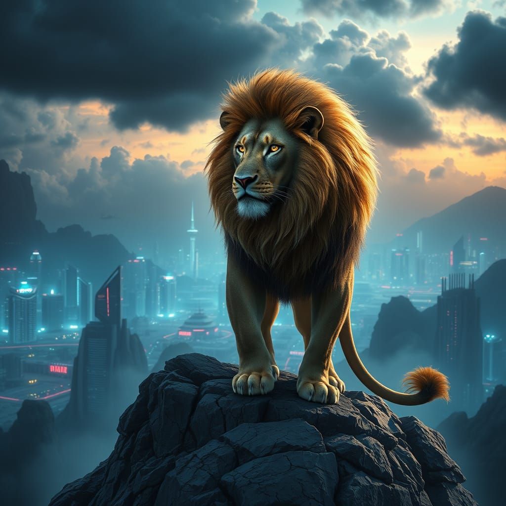 Majestic Lion Overlooking Neon Cityscape