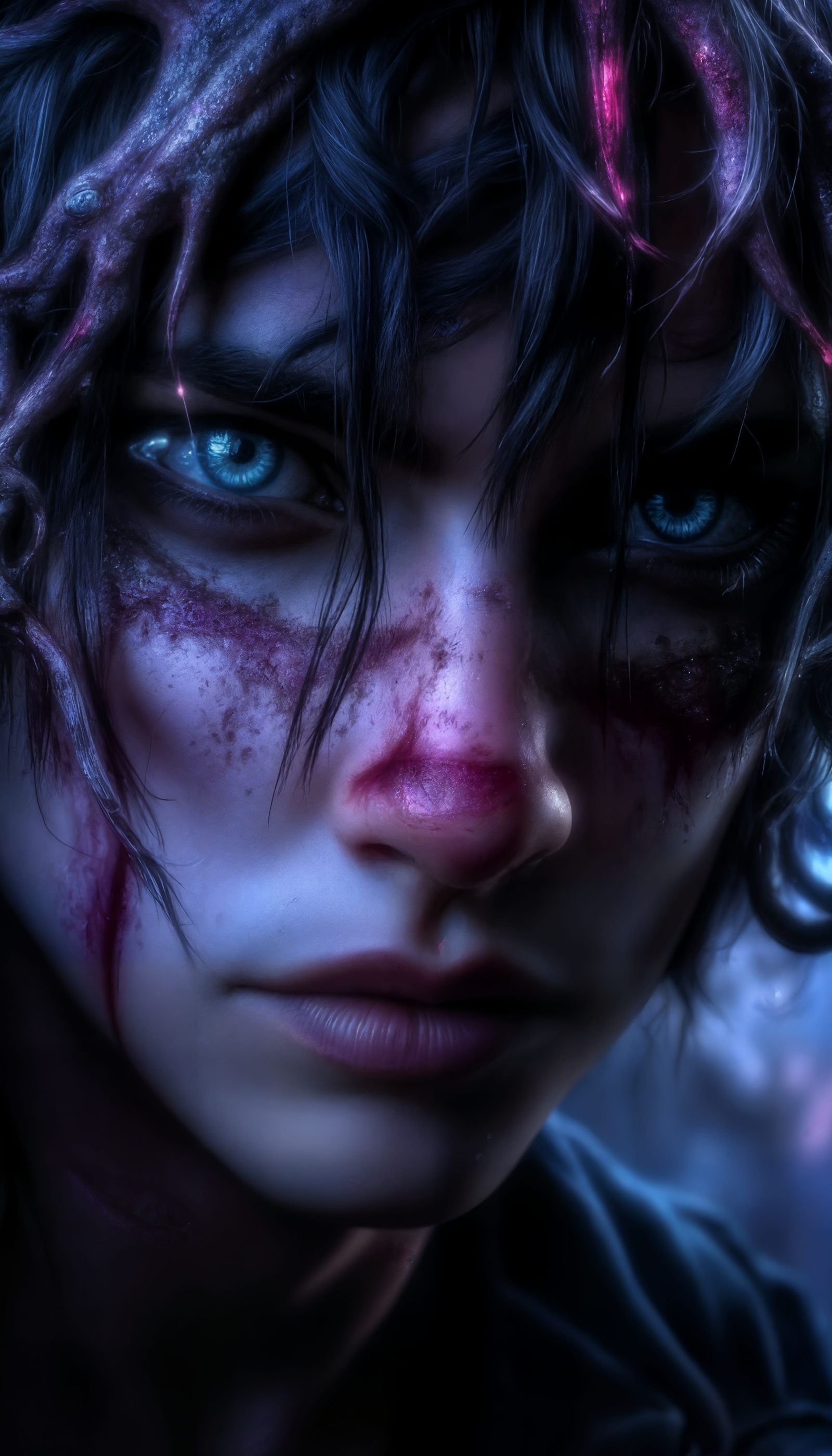 Macabre Fallen Angel with Milky White Eyes