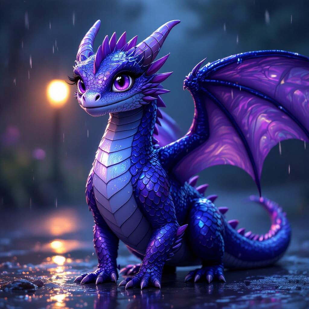 Glossy Purple Dragon Girl in Nighttime Setting