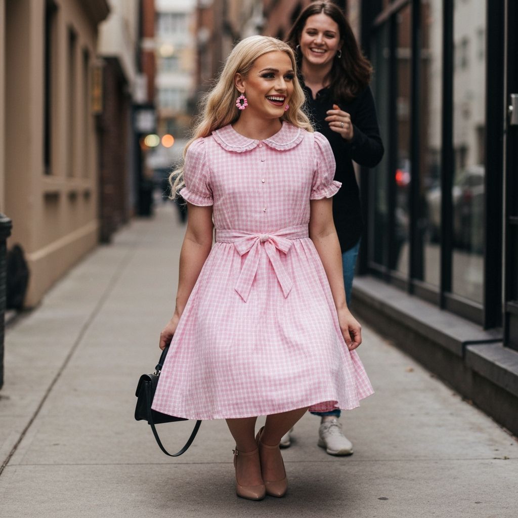 Crossdressed Man Poses in Pink Plaid Babydoll Dress