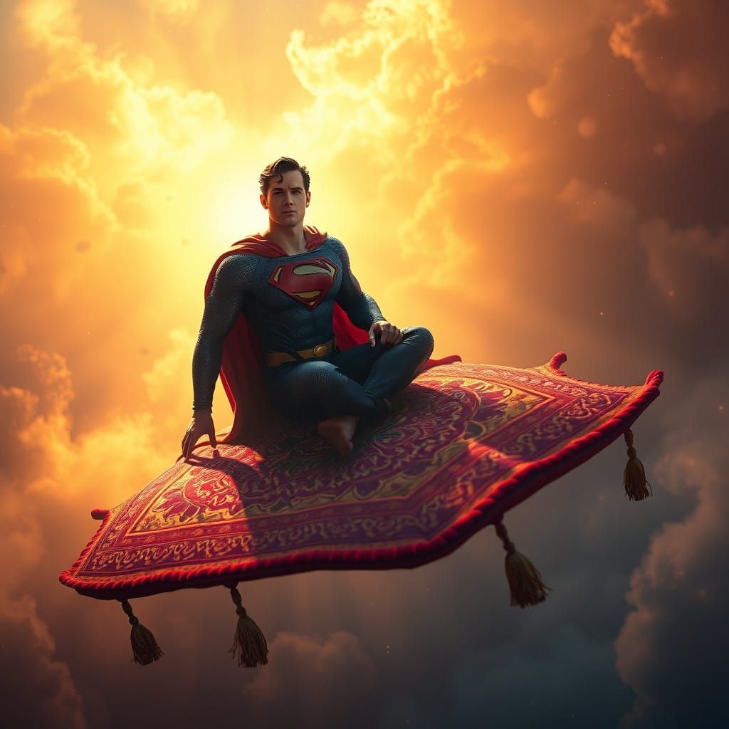 Majestic Superman soars on a mystical flying carpet, shroude...