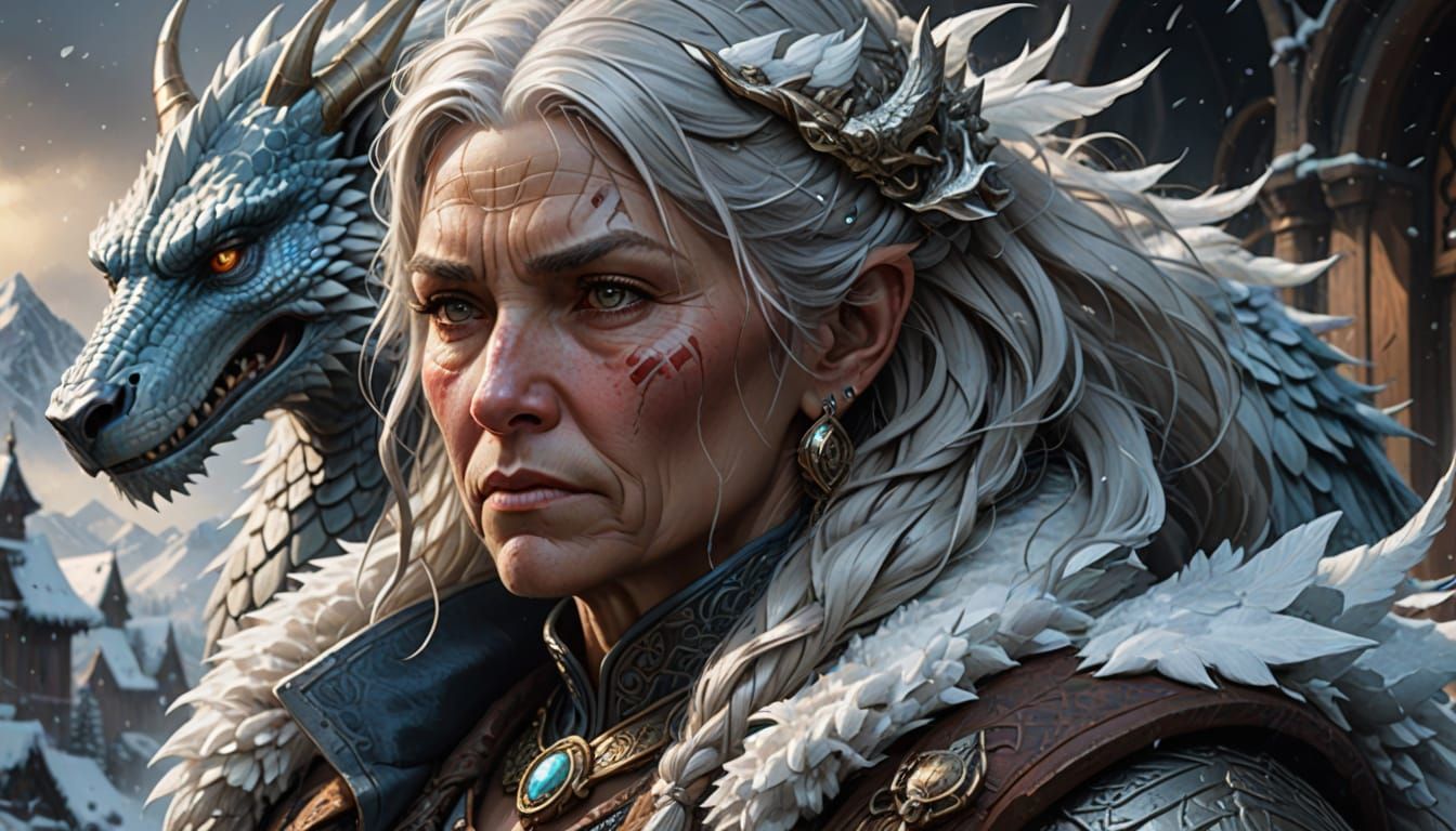 Fierce Viking Woman with Tiny Dragon, Detailed Digital Art
