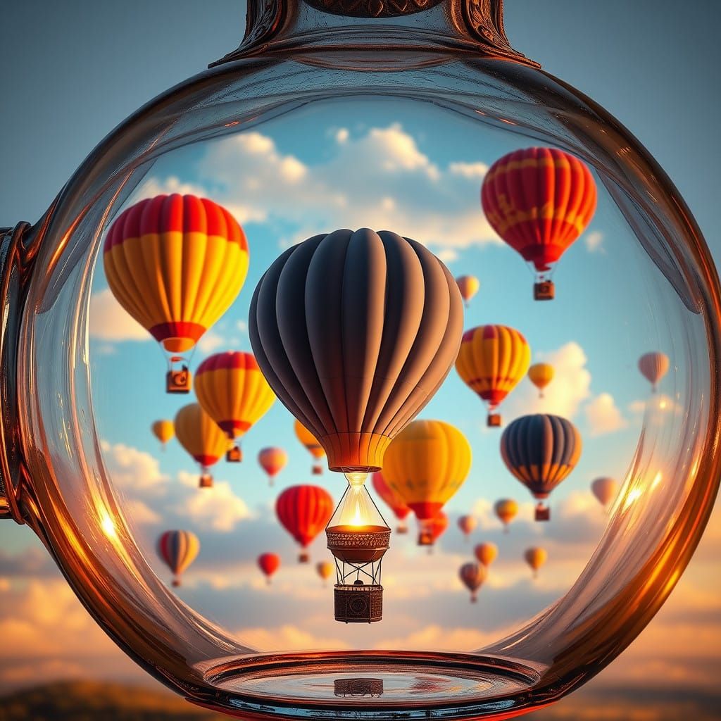 Surreal Glass Bottle Hot Air Balloon Festival in Golden Dawn...