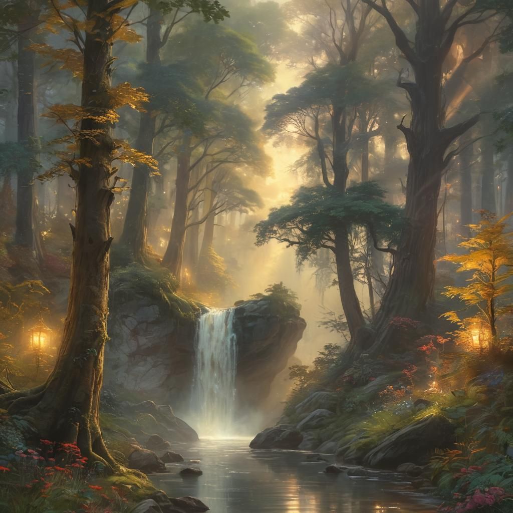 Ethereal Forest Landscape with Magic Waterfall