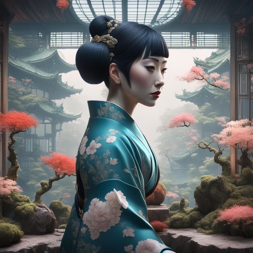 Beautiful 3D Japanese Woman in Cubic Terrarium