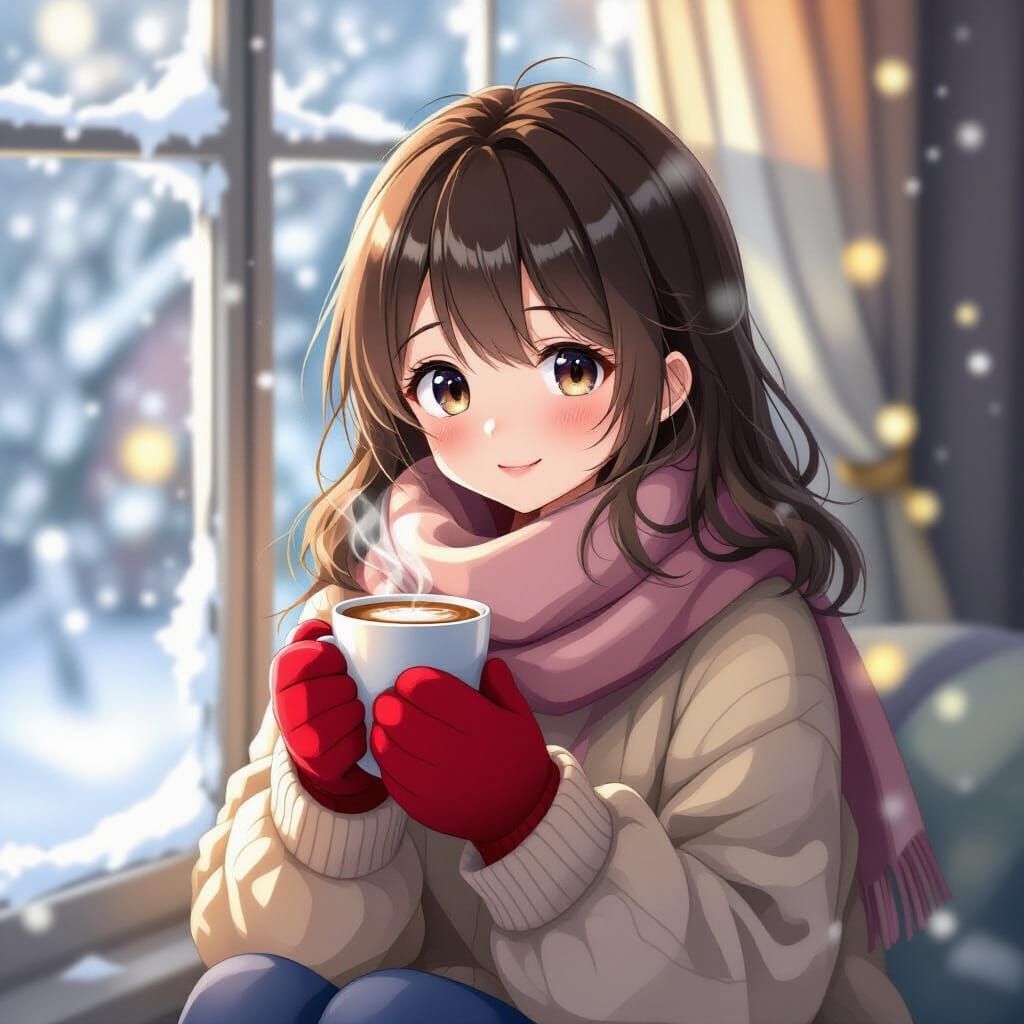 Anime Girl with Hot Chocolate in Winter Scene