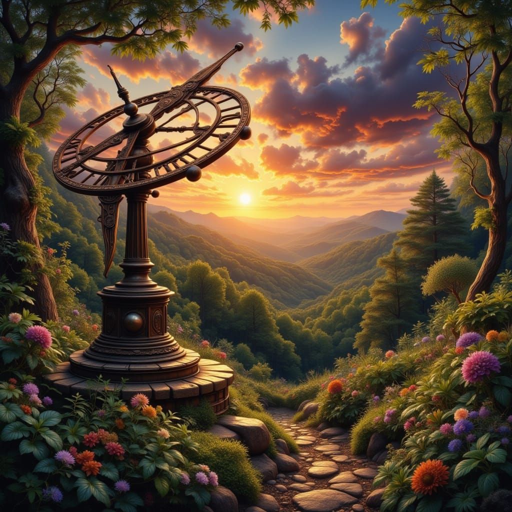 Antique Sundial in Overgrown Garden at Sunset