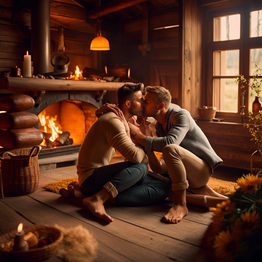 Gay Couple Kissing by Fireplace in Cottage