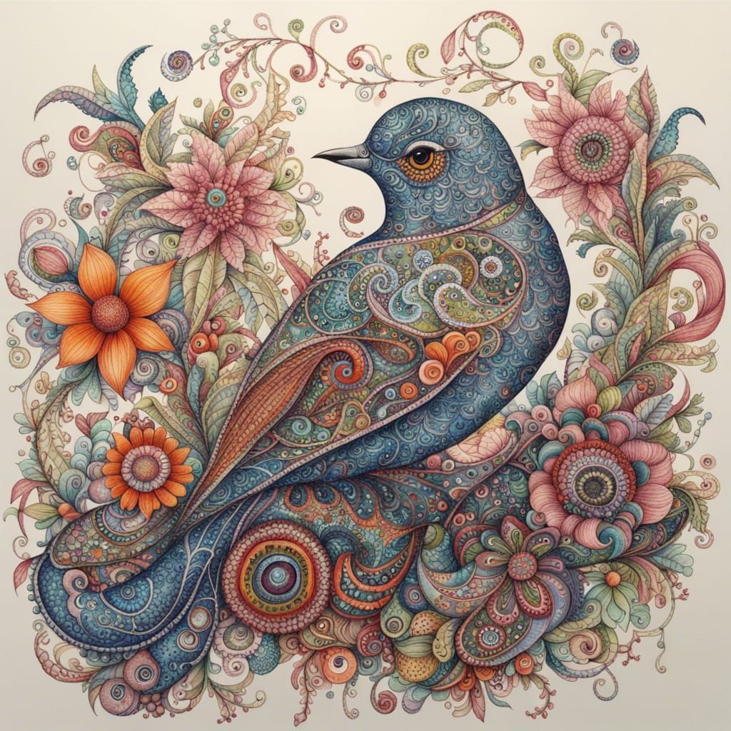 Whimsical Bird Art with Paisley and Floral Swirls