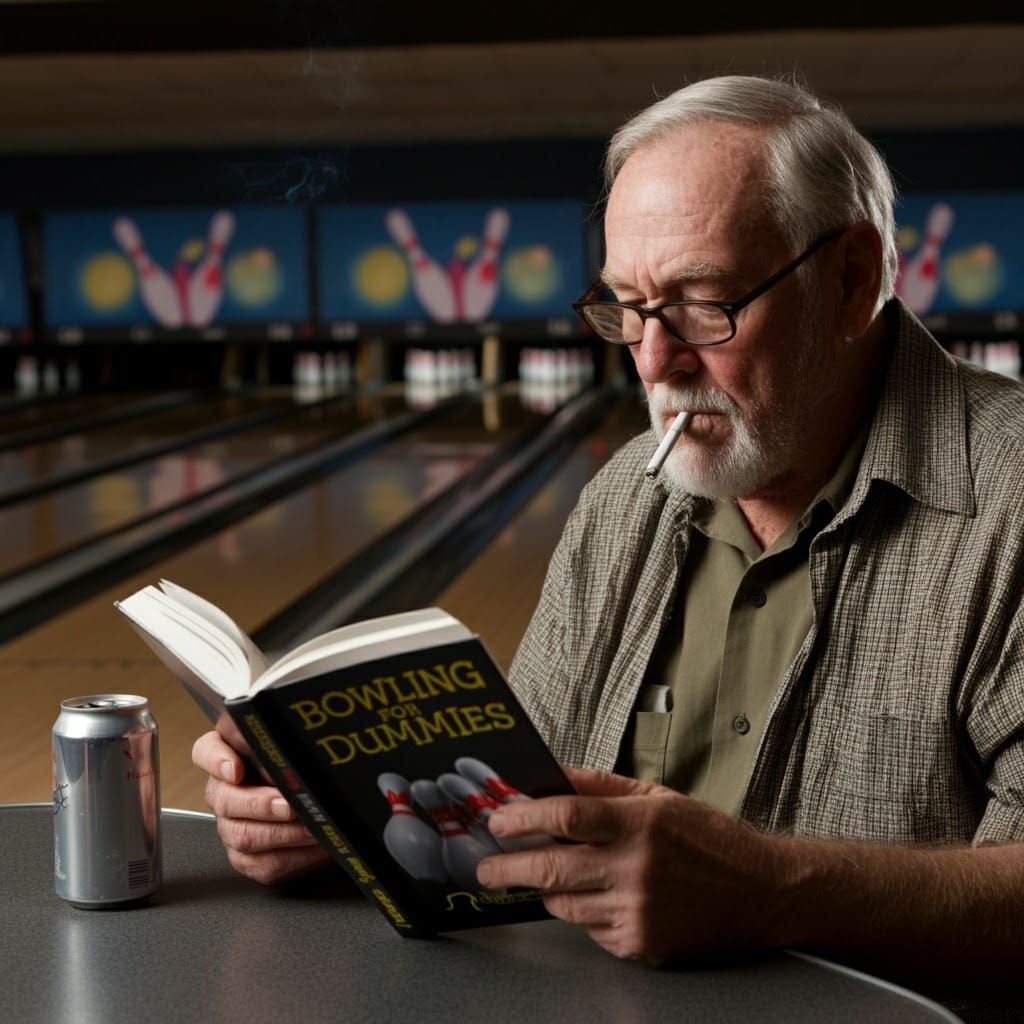 Old Man Reads in Bowling Alley Photo