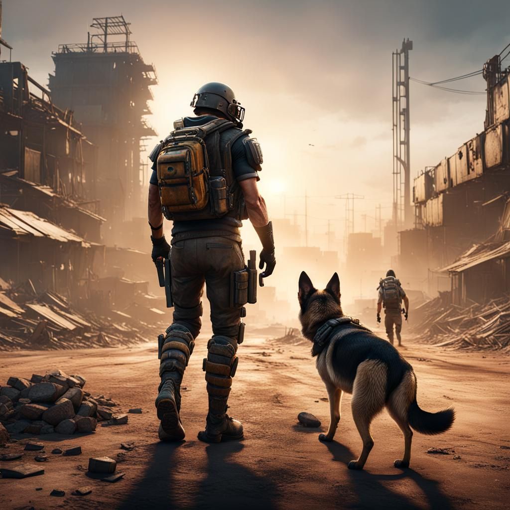 Football Player and Dog in Apocalyptic Wasteland