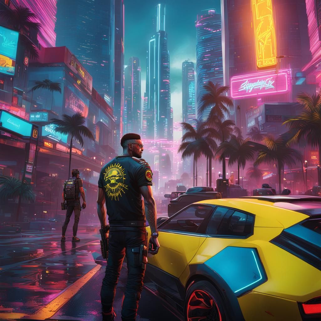 Miami Cyberpunk Scene with Detailed Splash Art