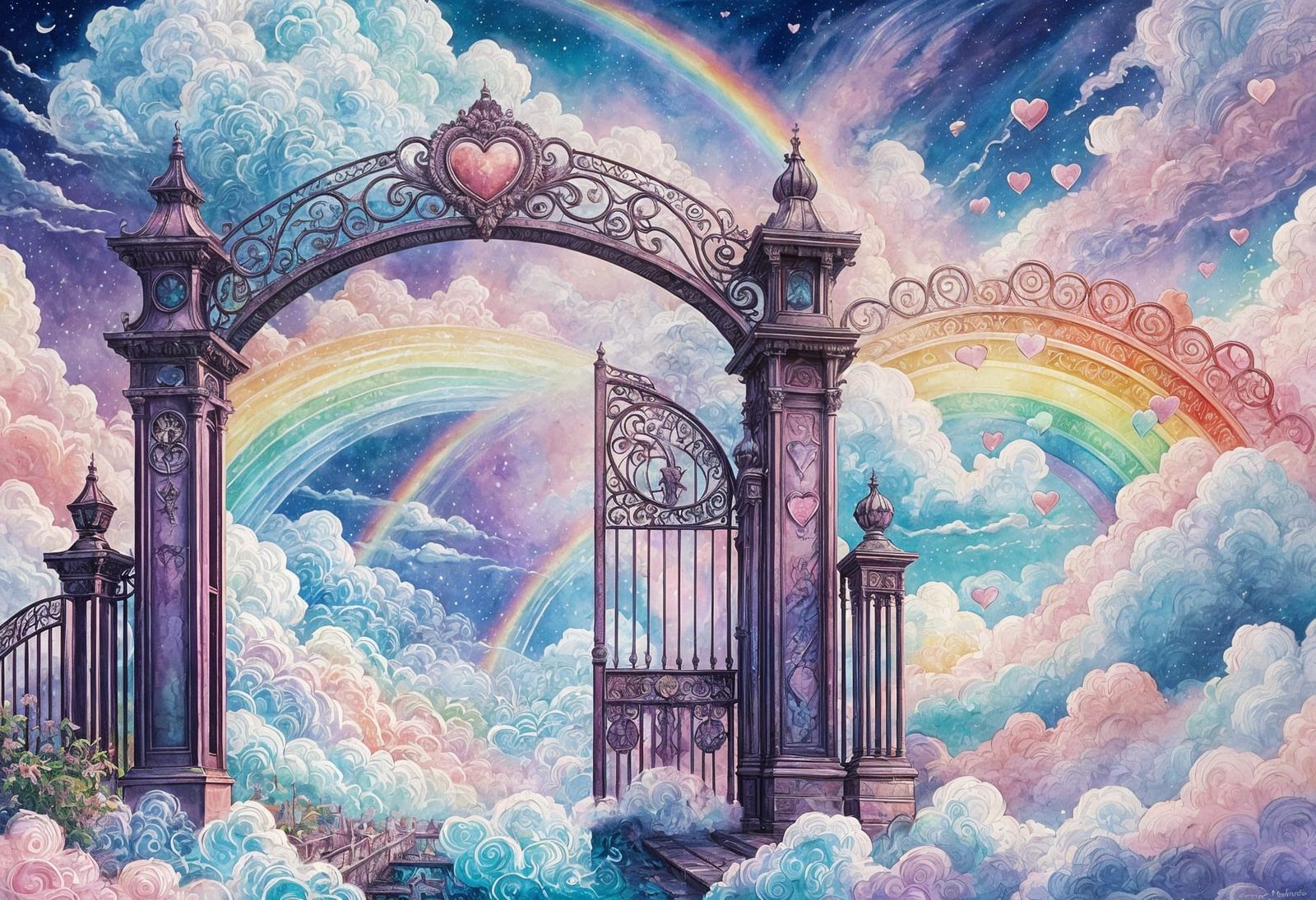 Psychedelic Rainbow Bridge in Art Nouveau Style