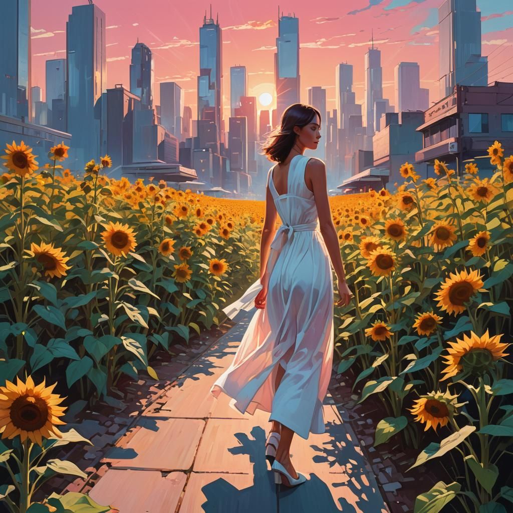 Girl in Sunflower Field with Retro-Futuristic Cityscape