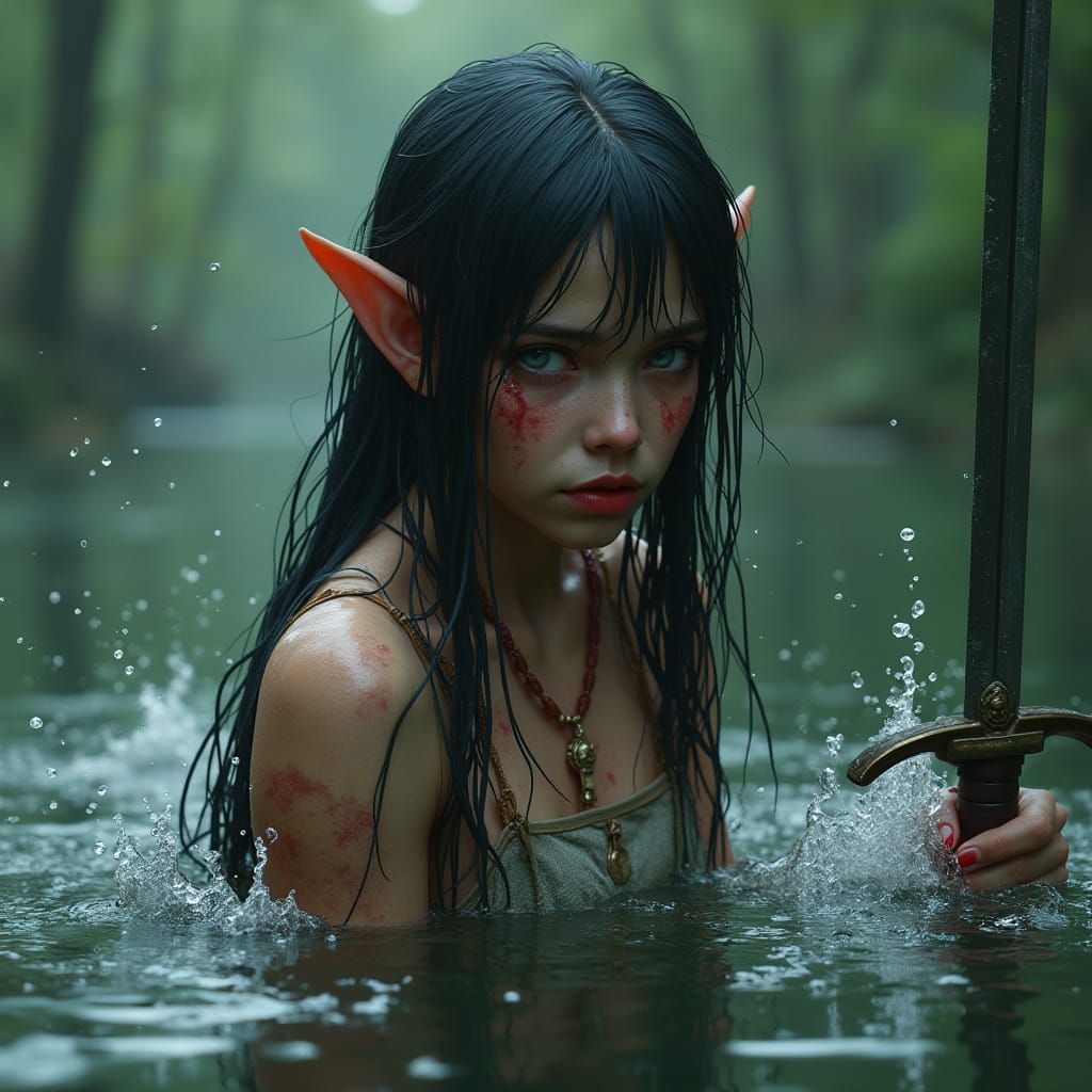 Worried Elf Girl with Sword in Lake as Detailed Matte Painti...