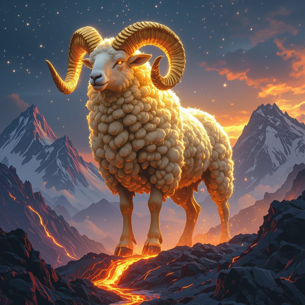 Golden Ram Guardian of Aries, Fiery Horns, Volcanic Peaks