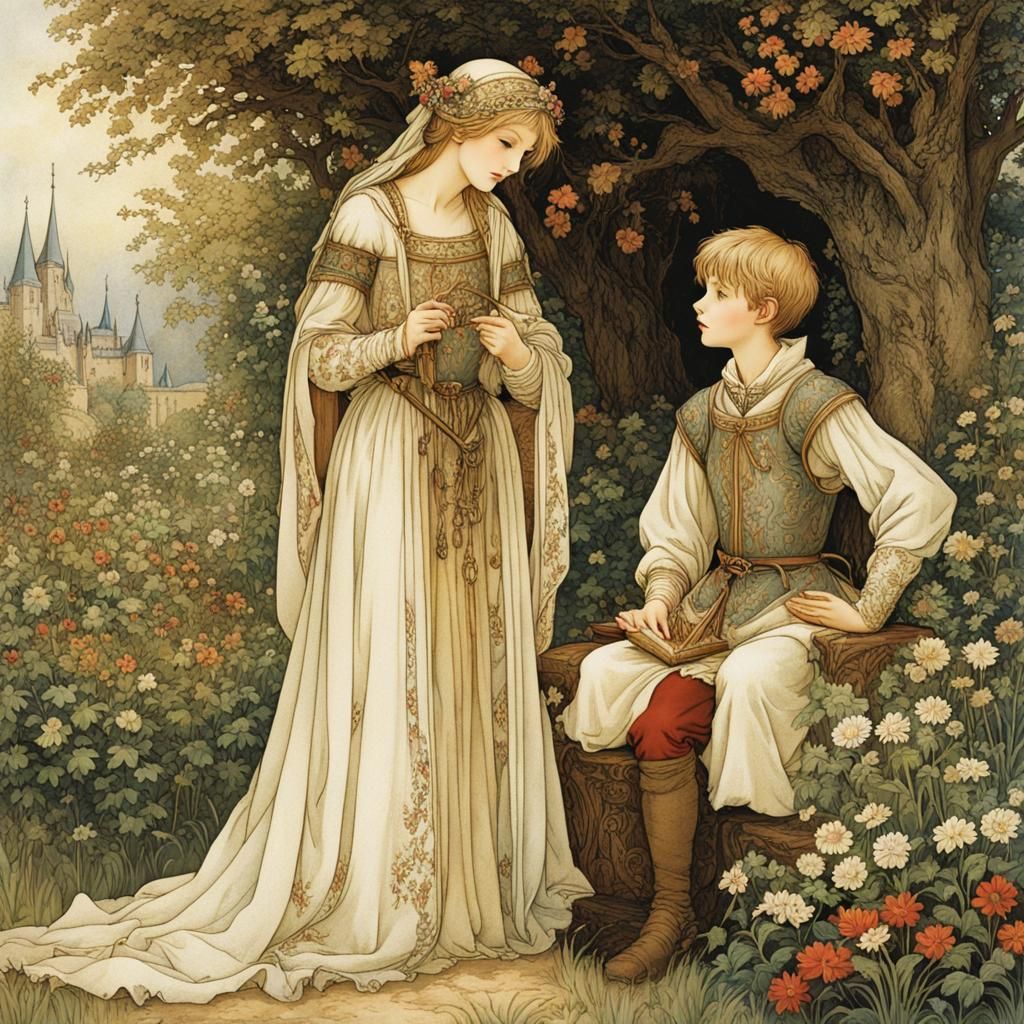 Medieval Mother and Son in Garden, Arthur Rackham Anime Styl...