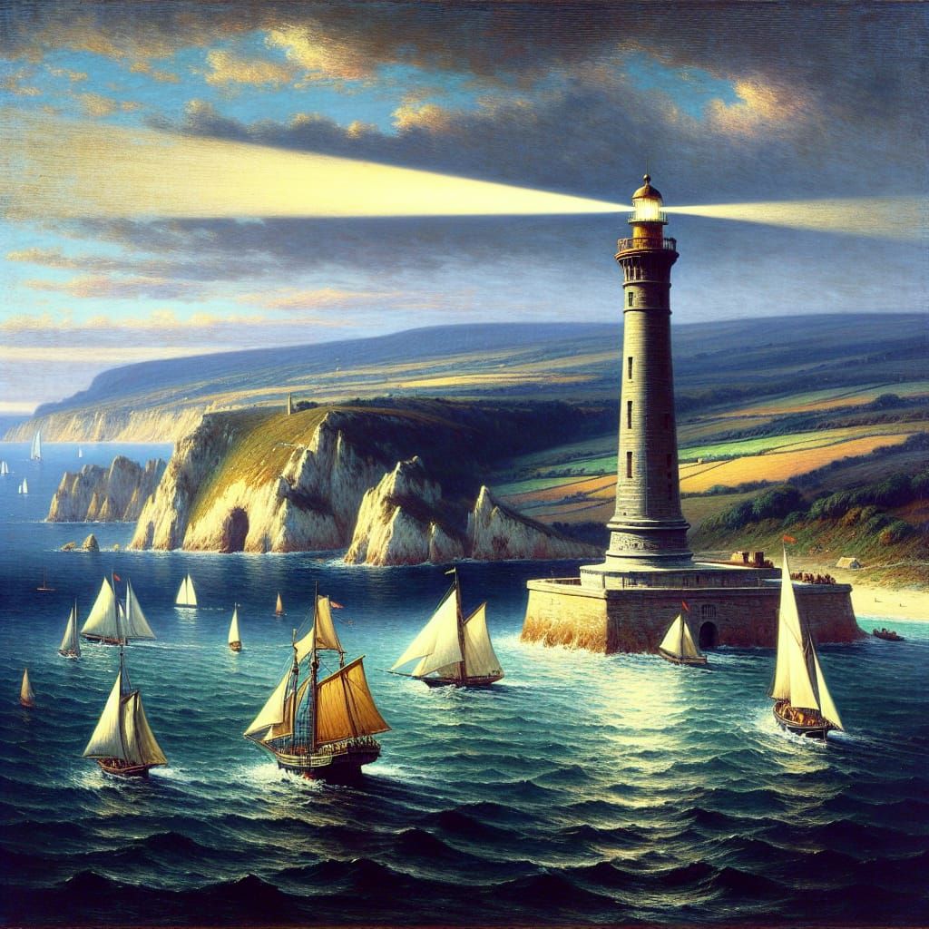 A 19th Century Oil Painting of a Lighthouse Illuminating the...
