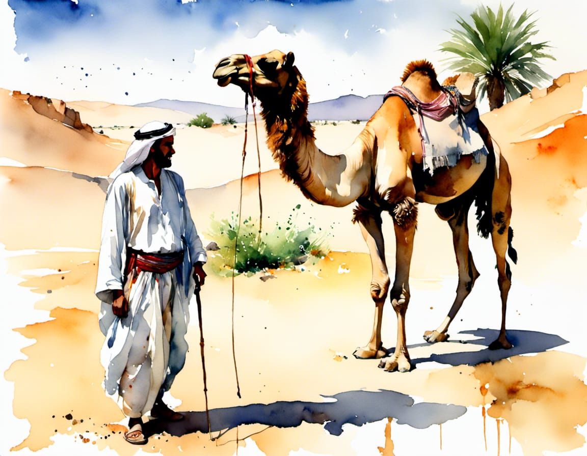 Arab Man and Camel at Oasis in Watercolor