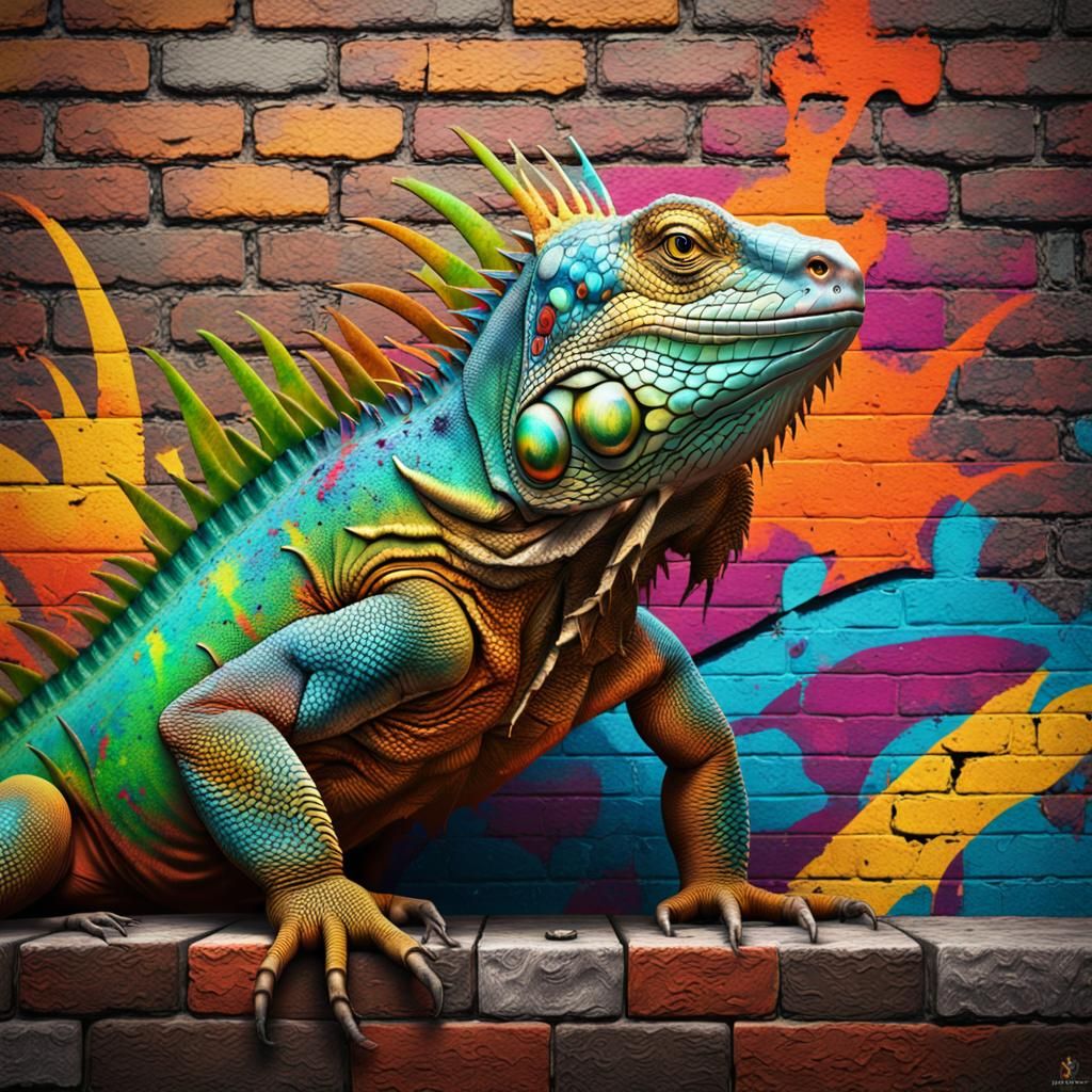 Iguana Street Art on Brick Wall in Bold Colors
