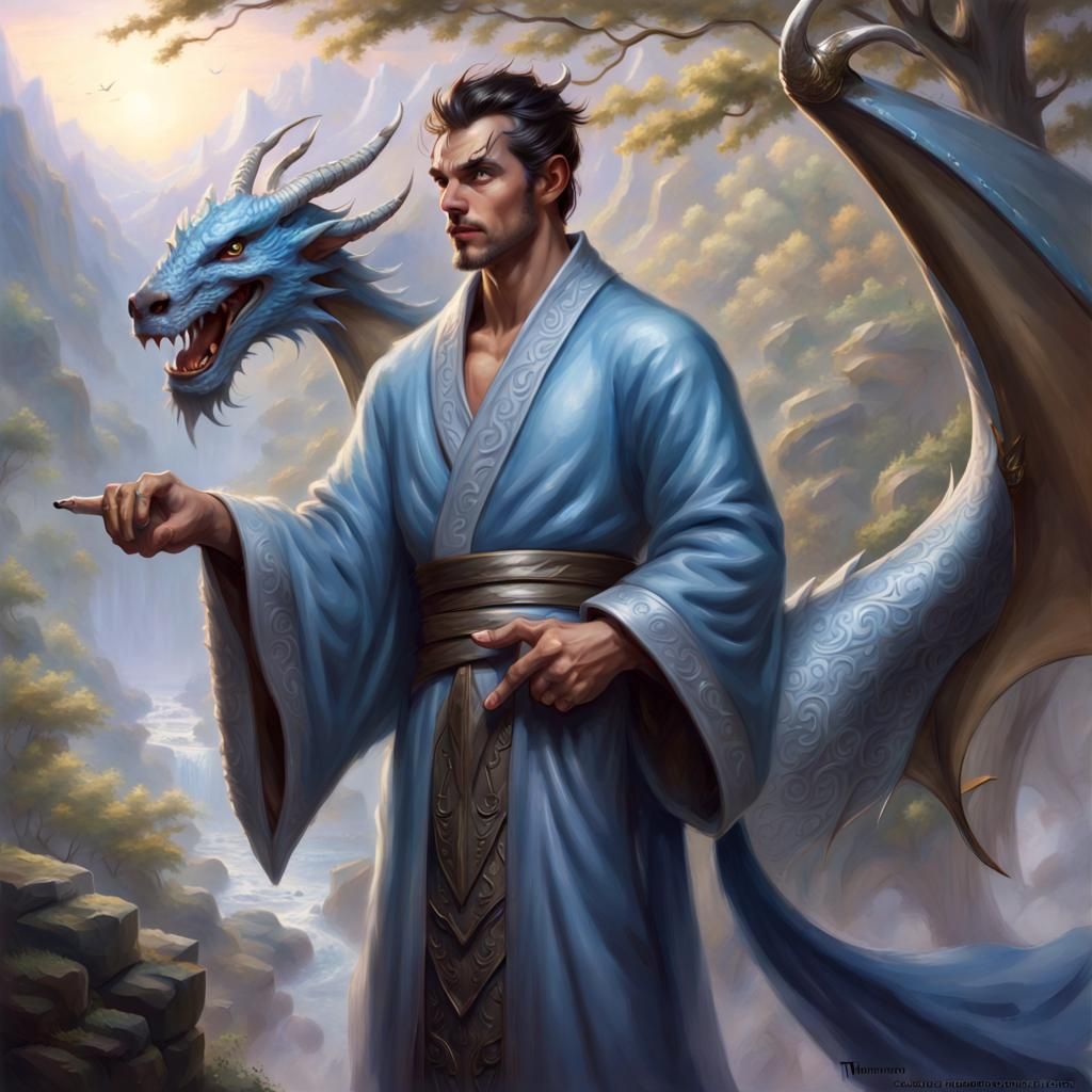 Ethereal Half-Dragon Monk Boxer with Blue Antlers