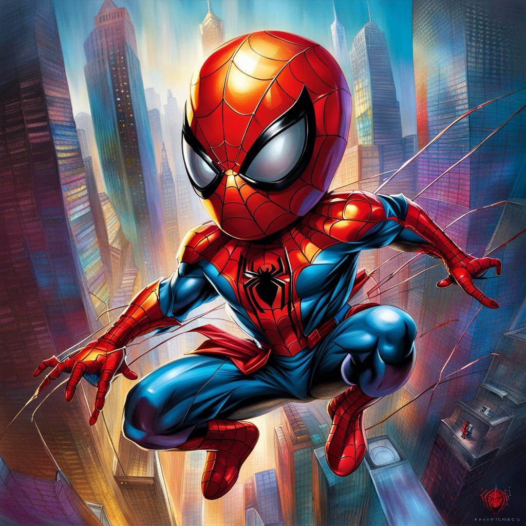 Chibi Spider-Man Swings Through the City