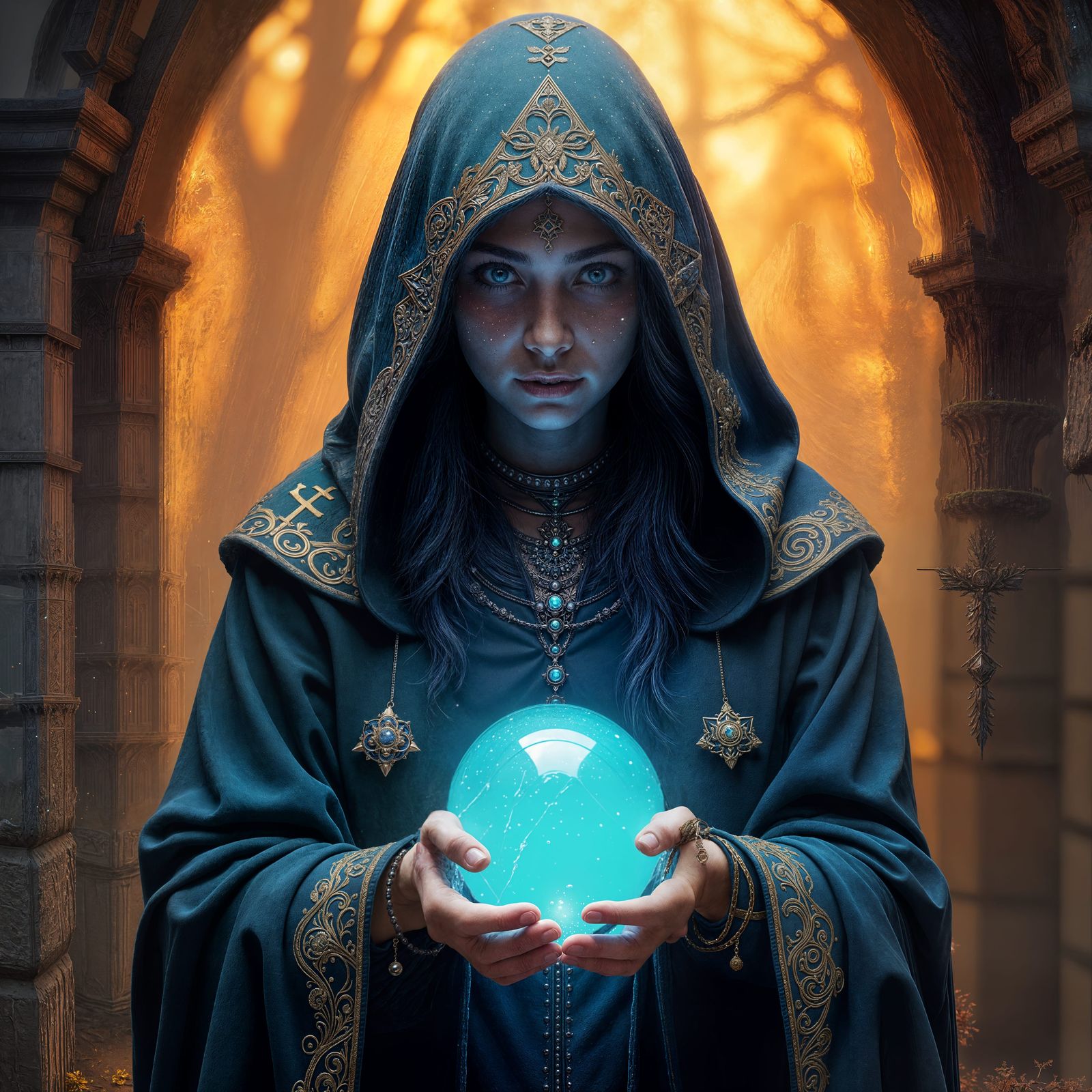 Fortune Teller with Blue Sphere, Detailed Digital Art