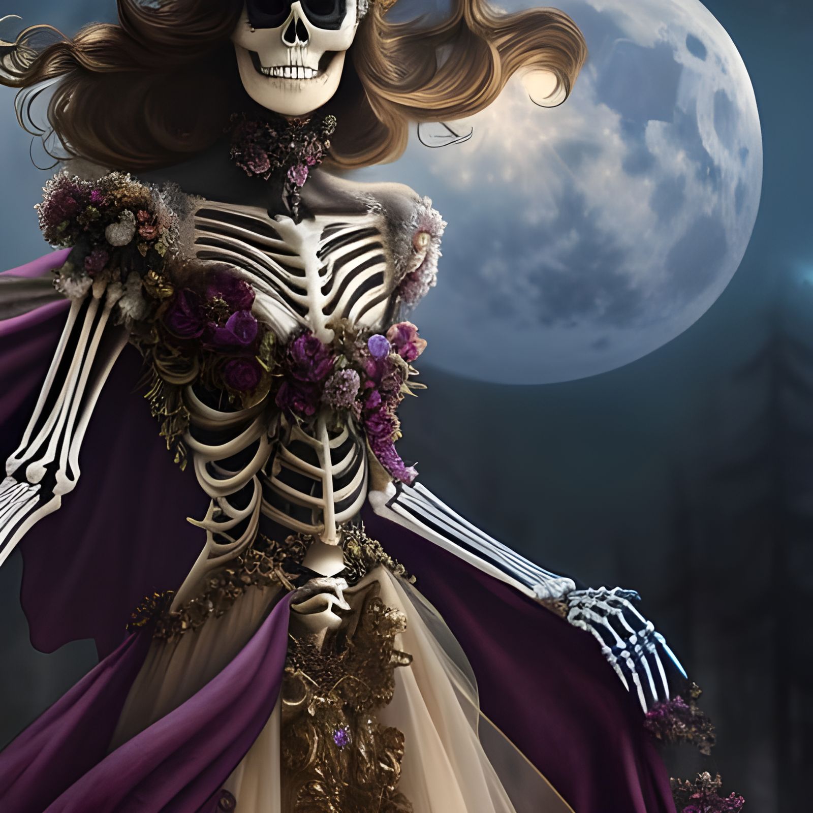 Rococo Skeleton in Gown Under Moonlight