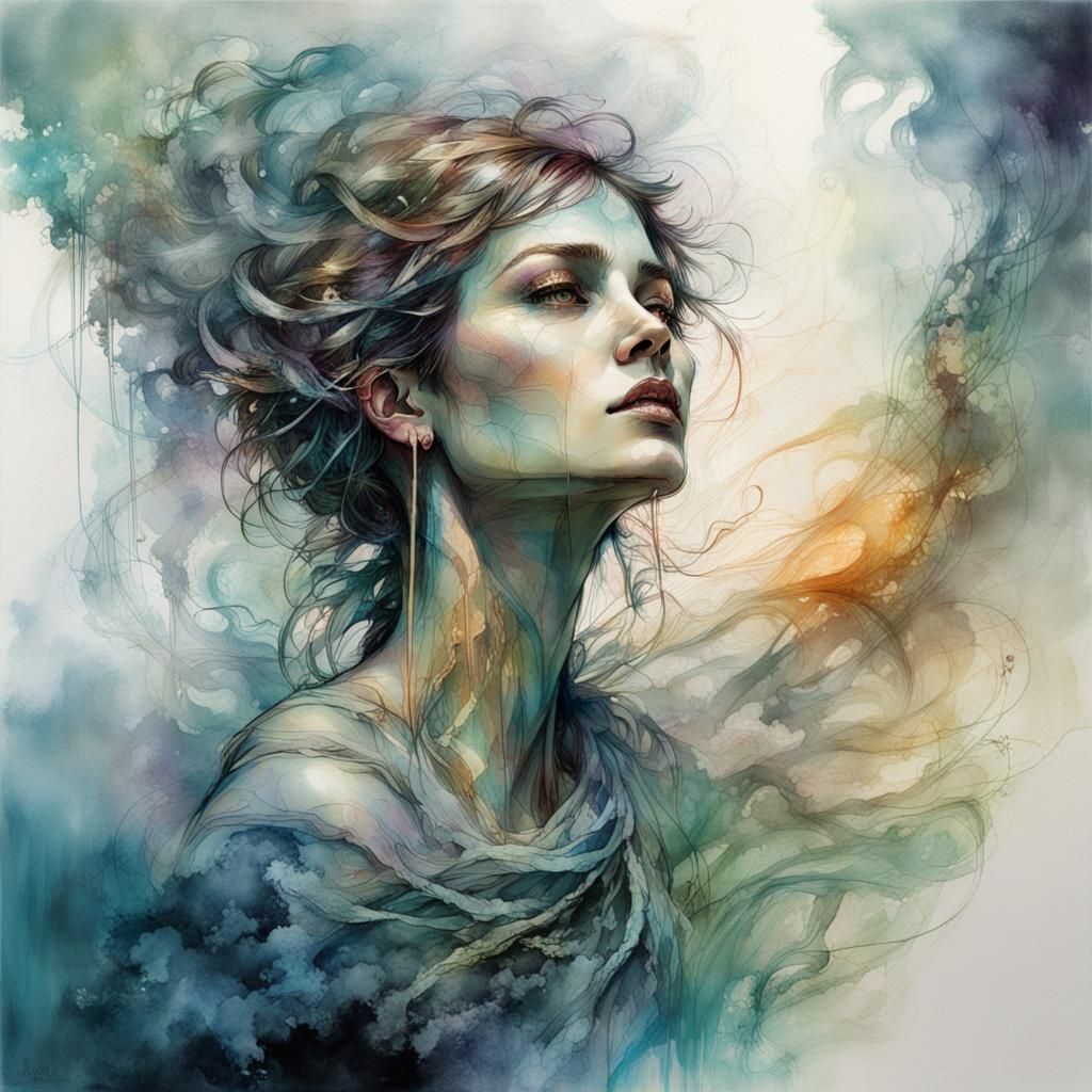 Ethereal Woman in Toga with Iridescent Mist